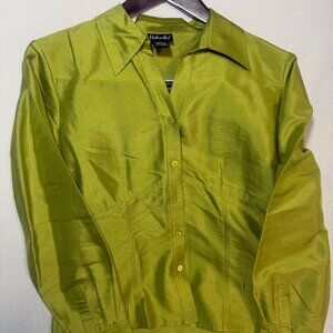 Rafaella 100% Silk Blouse Green Button Front Long Sleeve Career Top Women M
